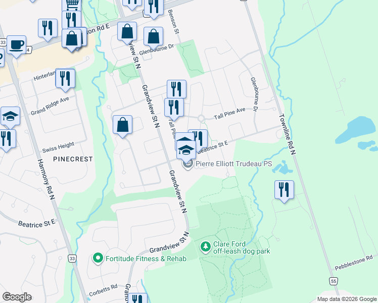 map of restaurants, bars, coffee shops, grocery stores, and more near 1100 Ashgrove Crescent in Oshawa