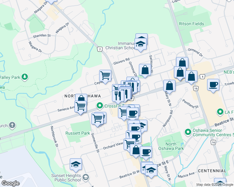 map of restaurants, bars, coffee shops, grocery stores, and more near 1370 Simcoe Street North in Oshawa