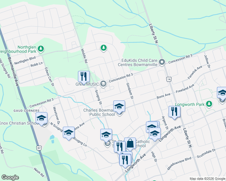 map of restaurants, bars, coffee shops, grocery stores, and more near in Bowmanville