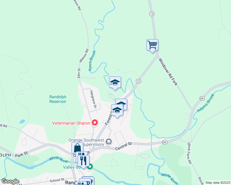 map of restaurants, bars, coffee shops, grocery stores, and more near 40 Ayers Brook Road in Randolph