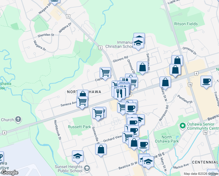 map of restaurants, bars, coffee shops, grocery stores, and more near Sarcee Street in Oshawa