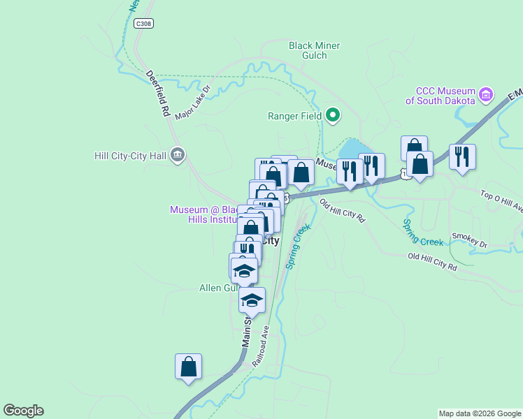 map of restaurants, bars, coffee shops, grocery stores, and more near 101 Main Street in Hill City