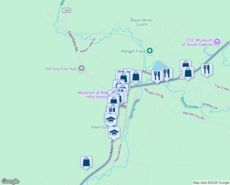 map of restaurants, bars, coffee shops, grocery stores, and more near 101 Main Street in Hill City