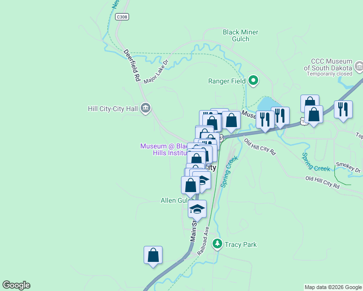 map of restaurants, bars, coffee shops, grocery stores, and more near 149 Pine Avenue in Hill City