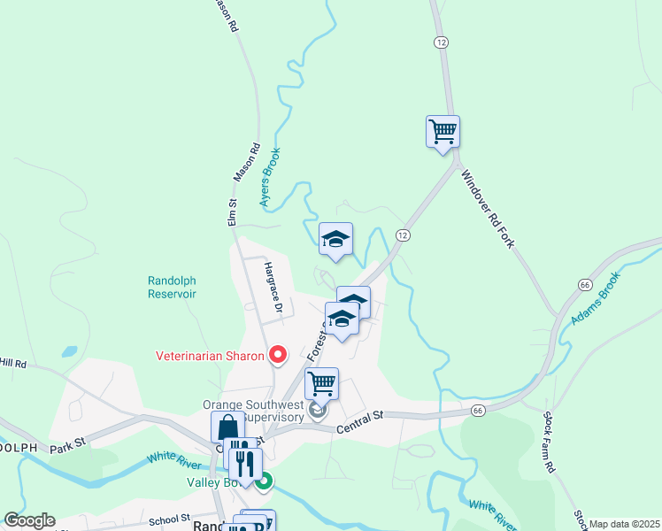 map of restaurants, bars, coffee shops, grocery stores, and more near 40 Ayers Brook Road in Randolph