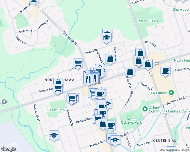 map of restaurants, bars, coffee shops, grocery stores, and more near in Oshawa