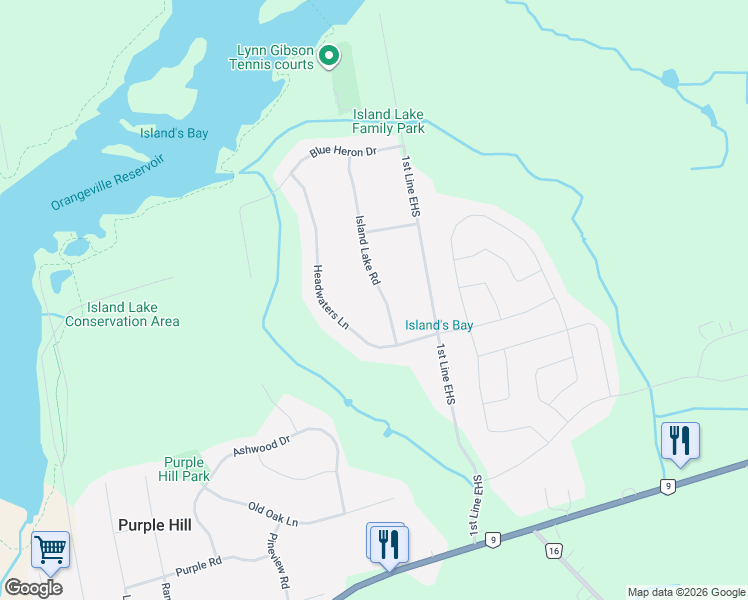 map of restaurants, bars, coffee shops, grocery stores, and more near 27 Island Lake Road in Mono