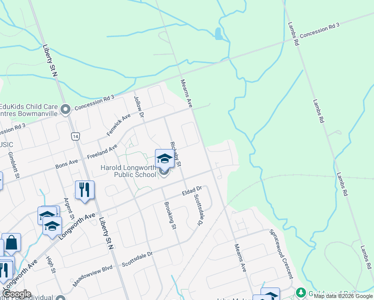 map of restaurants, bars, coffee shops, grocery stores, and more near 11 Hooper Square in Bowmanville