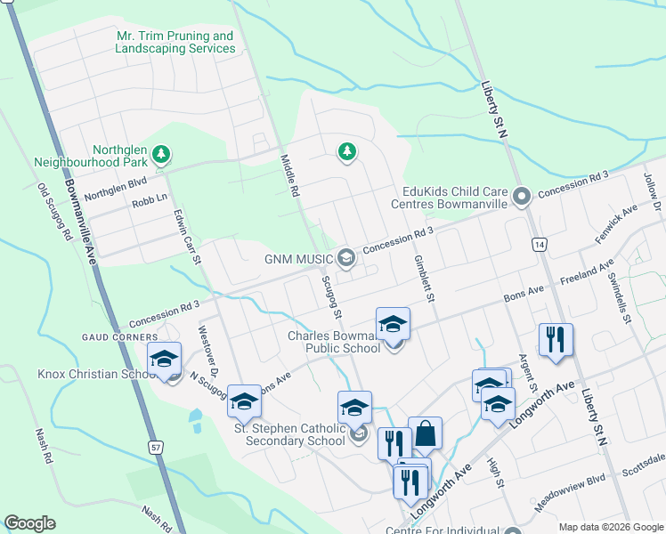 map of restaurants, bars, coffee shops, grocery stores, and more near 115 Ambereen Place in Bowmanville