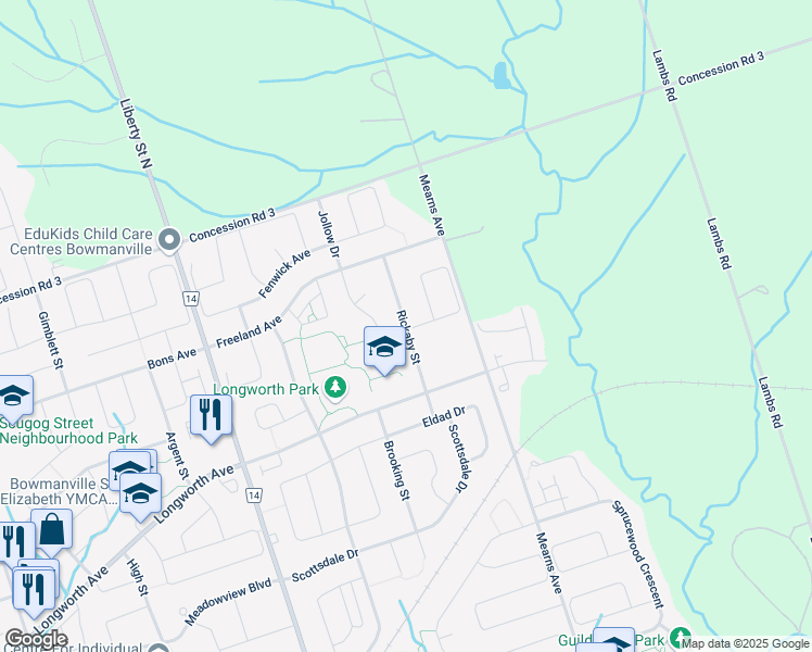 map of restaurants, bars, coffee shops, grocery stores, and more near 35 Rickaby Street in Bowmanville