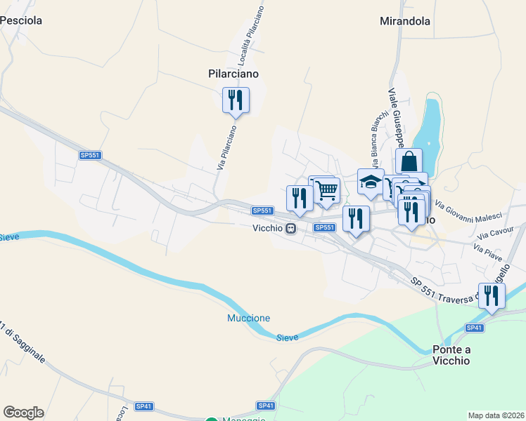 map of restaurants, bars, coffee shops, grocery stores, and more near 32 Via Zufolana in Vicchio