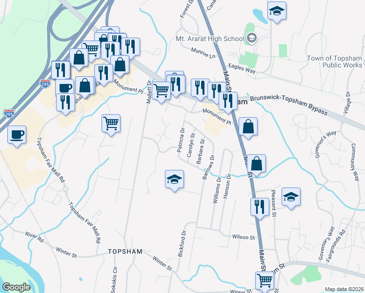 map of restaurants, bars, coffee shops, grocery stores, and more near 2 Carolyn Street in Topsham
