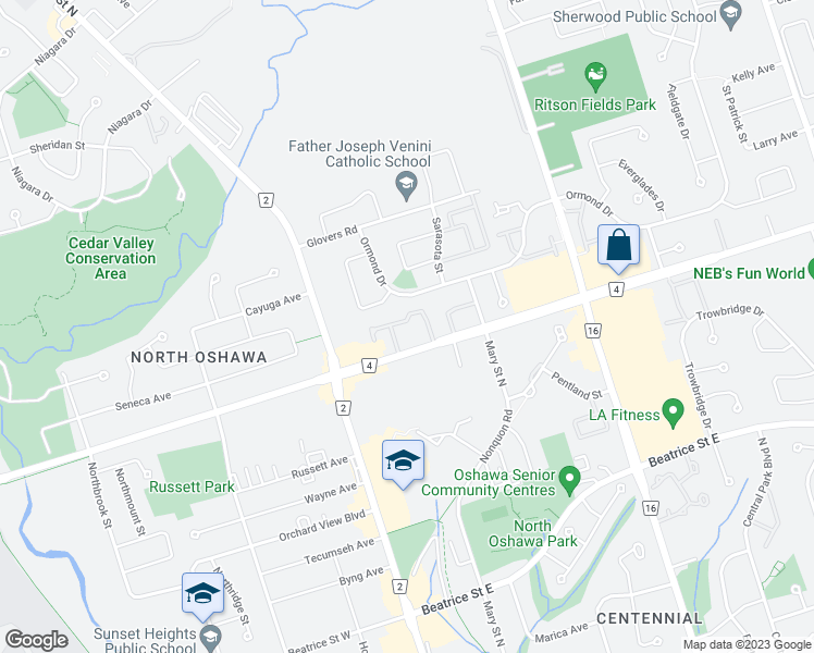 map of restaurants, bars, coffee shops, grocery stores, and more near 100 Taunton Road East in Oshawa