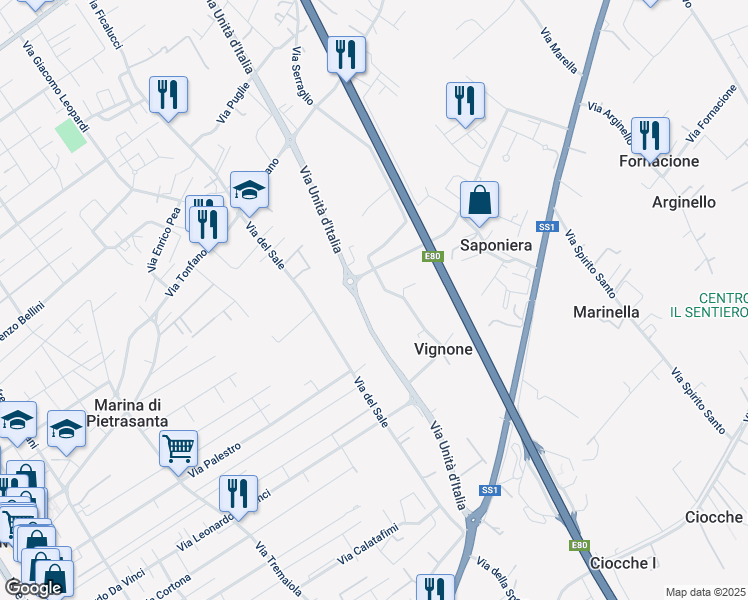 map of restaurants, bars, coffee shops, grocery stores, and more near 45 Via Vignone in Provincia di Lucca