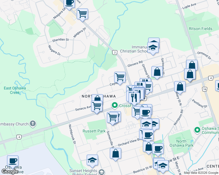 map of restaurants, bars, coffee shops, grocery stores, and more near 77 Cayuga Avenue in Oshawa