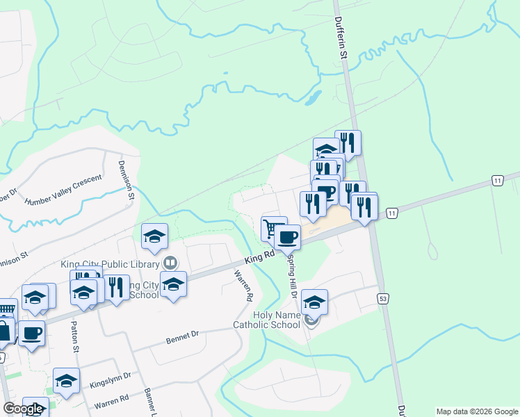 map of restaurants, bars, coffee shops, grocery stores, and more near 10 Sim Hill Crescent in King City
