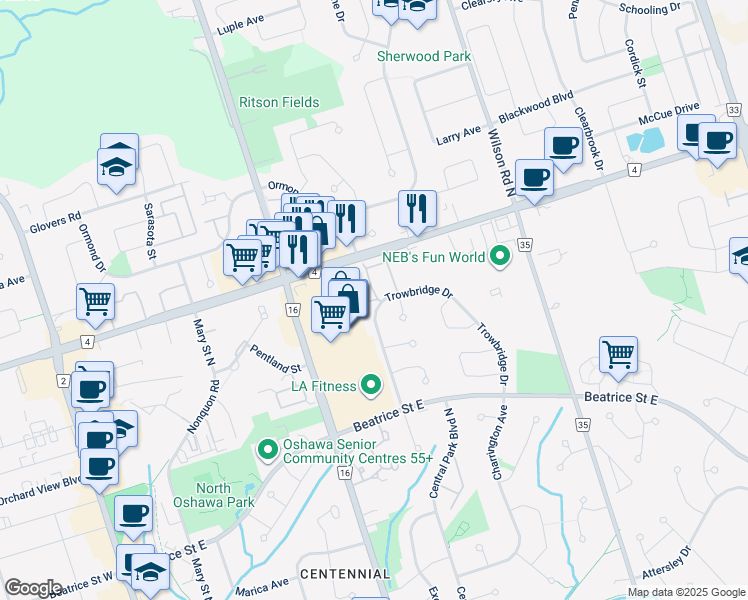 map of restaurants, bars, coffee shops, grocery stores, and more near 1330 Trowbridge Drive in Oshawa
