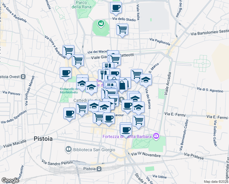map of restaurants, bars, coffee shops, grocery stores, and more near Via del Presto in Pistoia