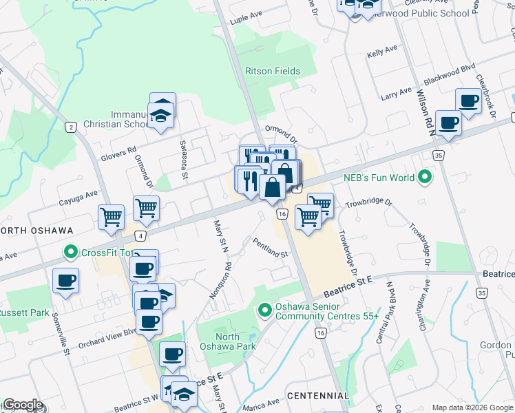 map of restaurants, bars, coffee shops, grocery stores, and more near 222 Nonquon Road in Oshawa