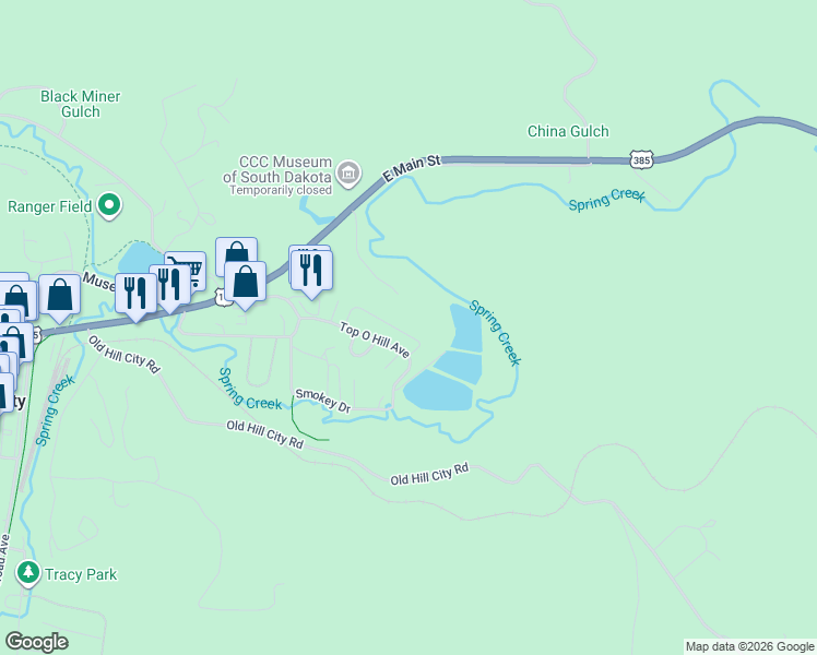 map of restaurants, bars, coffee shops, grocery stores, and more near 1080 Quinn Drive in Hill City