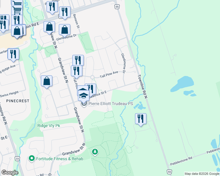 map of restaurants, bars, coffee shops, grocery stores, and more near Edward Bolton Crescent in Oshawa