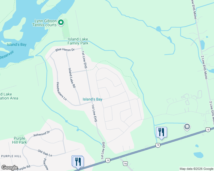 map of restaurants, bars, coffee shops, grocery stores, and more near 10 Saint Mark's Crescent in Orangeville