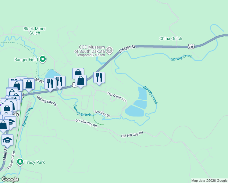 map of restaurants, bars, coffee shops, grocery stores, and more near 1080 Quinn Drive in Hill City