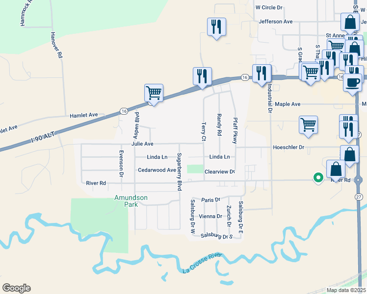 map of restaurants, bars, coffee shops, grocery stores, and more near 1825 Julie Avenue in Sparta