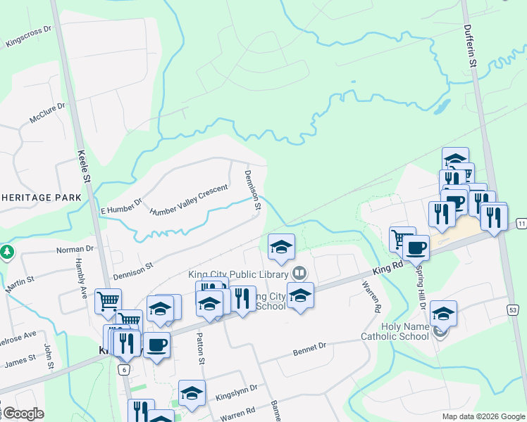 map of restaurants, bars, coffee shops, grocery stores, and more near 155 Dennison Street in King City