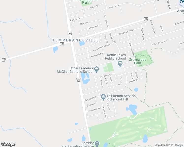 map of restaurants, bars, coffee shops, grocery stores, and more near 64 Brockdale Street in Richmond Hill