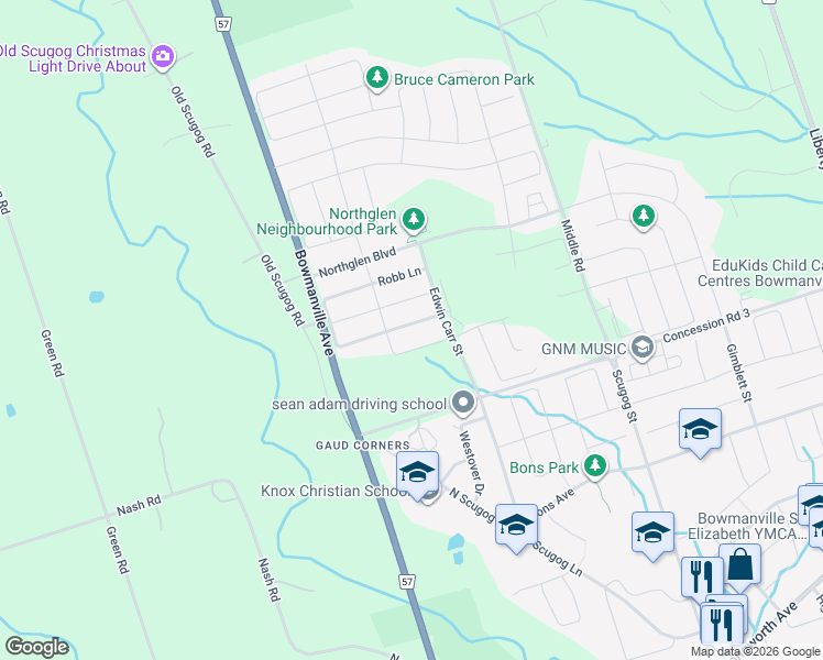 map of restaurants, bars, coffee shops, grocery stores, and more near in Bowmanville