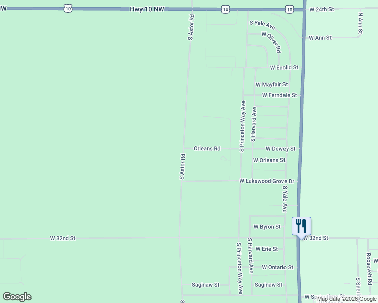 map of restaurants, bars, coffee shops, grocery stores, and more near 2984 South Astor Road in Baldwin
