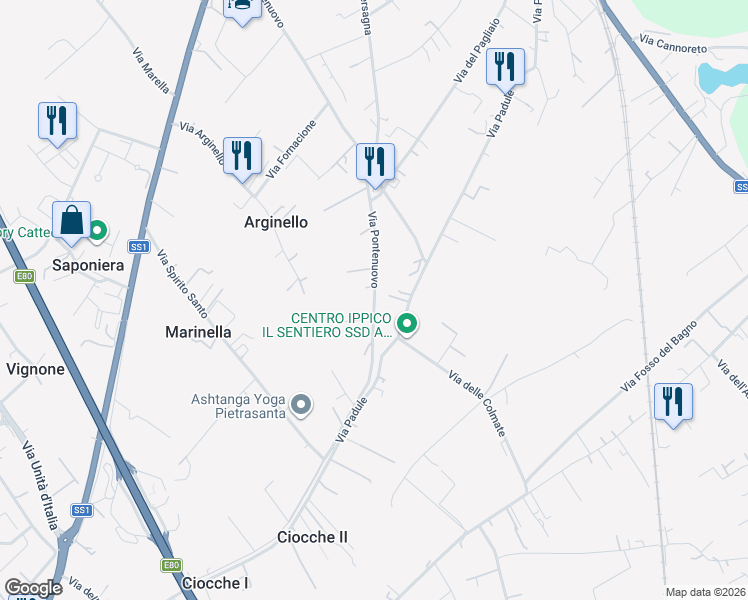 map of restaurants, bars, coffee shops, grocery stores, and more near 102 Via Pontenuovo in Provincia di Lucca