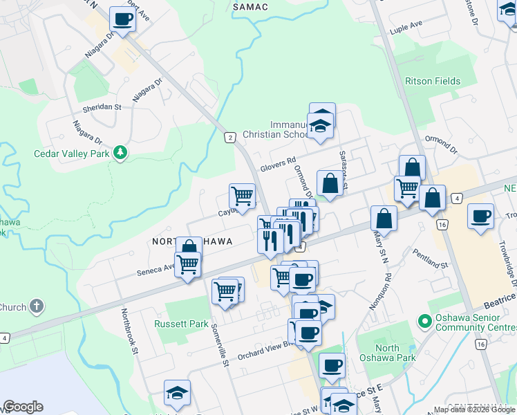 map of restaurants, bars, coffee shops, grocery stores, and more near 1418 Simcoe Street North in Oshawa