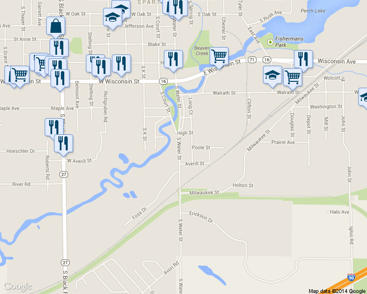 map of restaurants, bars, coffee shops, grocery stores, and more near 919 S Water St in Sparta