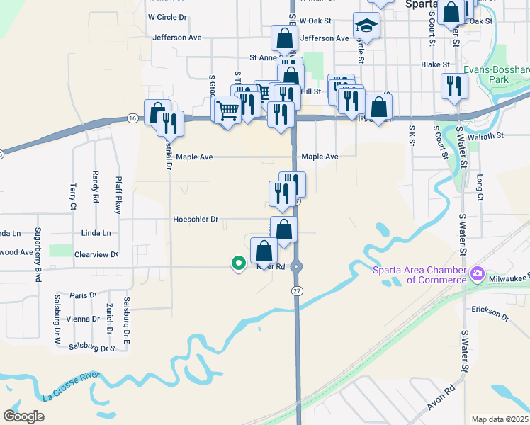 map of restaurants, bars, coffee shops, grocery stores, and more near 900 Hoeschler Drive in Sparta