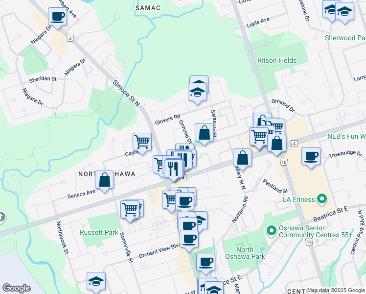 map of restaurants, bars, coffee shops, grocery stores, and more near 1385 Largo Crescent in Oshawa