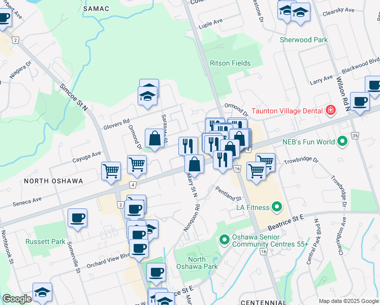 map of restaurants, bars, coffee shops, grocery stores, and more near in Oshawa