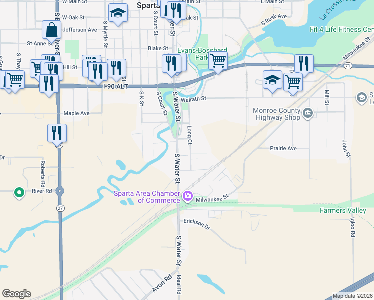map of restaurants, bars, coffee shops, grocery stores, and more near 919 South Water Street in Sparta