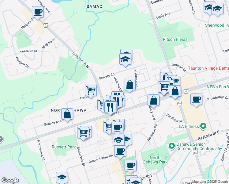 map of restaurants, bars, coffee shops, grocery stores, and more near 1429 Largo Crescent in Oshawa