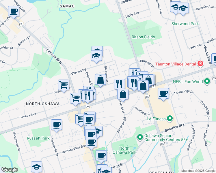 map of restaurants, bars, coffee shops, grocery stores, and more near 129 Ormond Drive in Oshawa
