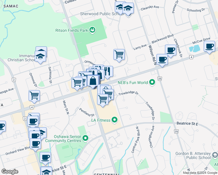 map of restaurants, bars, coffee shops, grocery stores, and more near 285 Taunton Road East in Oshawa