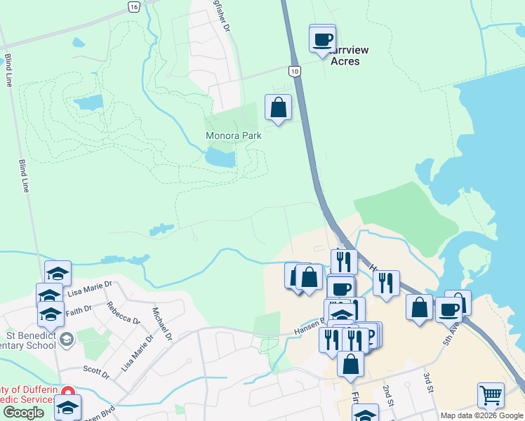 map of restaurants, bars, coffee shops, grocery stores, and more near 28 Starrview Crescent in Mono