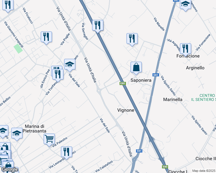 map of restaurants, bars, coffee shops, grocery stores, and more near 45 Via Vignone in Provincia di Lucca