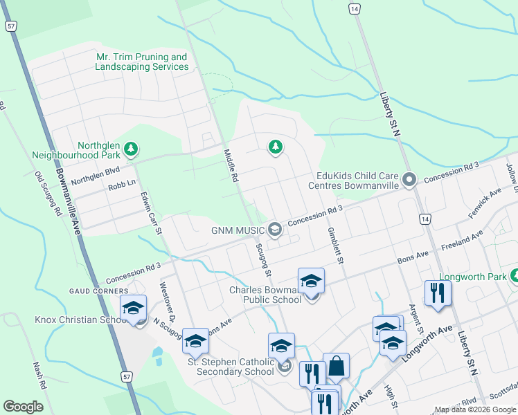 map of restaurants, bars, coffee shops, grocery stores, and more near 120 Honey Crisp Lane in Clarington