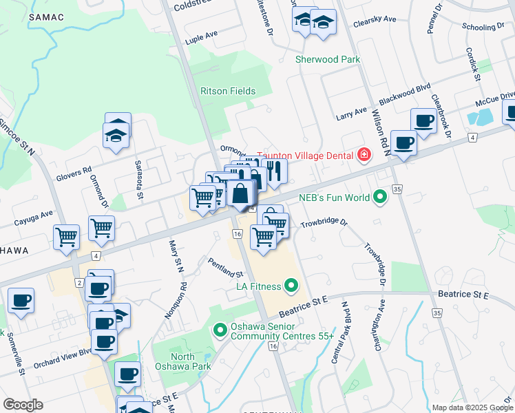 map of restaurants, bars, coffee shops, grocery stores, and more near 285 Taunton Road East in Oshawa