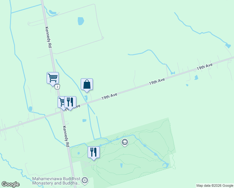 map of restaurants, bars, coffee shops, grocery stores, and more near 19th Avenue in Markham