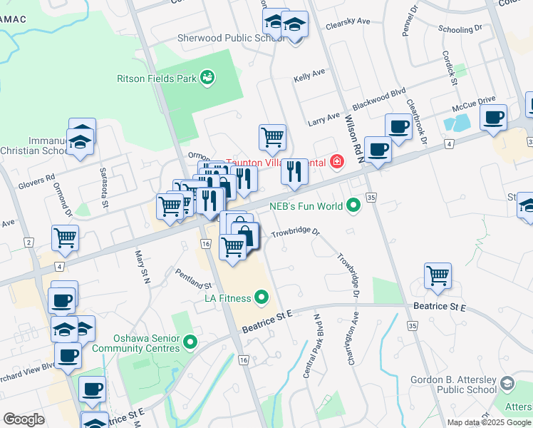 map of restaurants, bars, coffee shops, grocery stores, and more near 1330 Trowbridge Drive in Oshawa