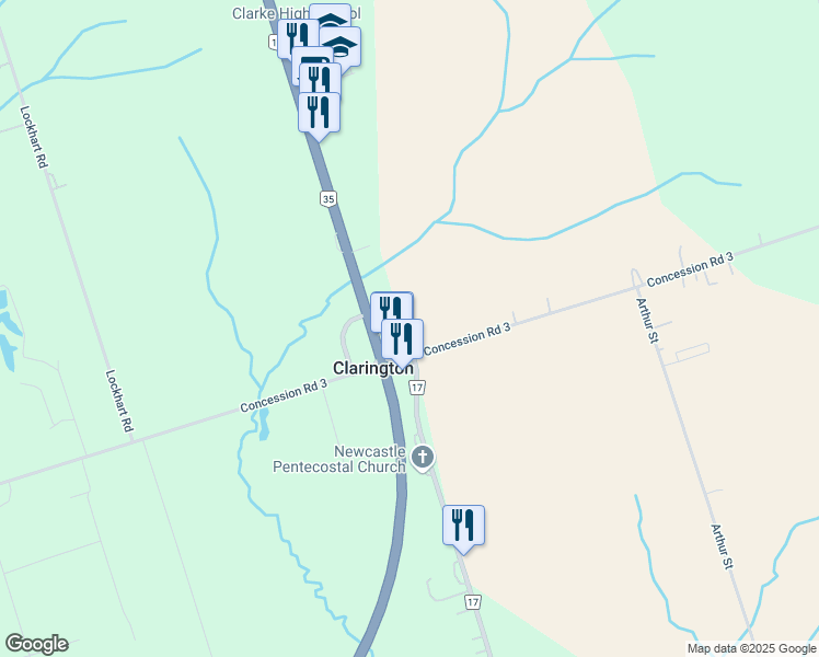 map of restaurants, bars, coffee shops, grocery stores, and more near 3005 Ontario 35 in Newcastle
