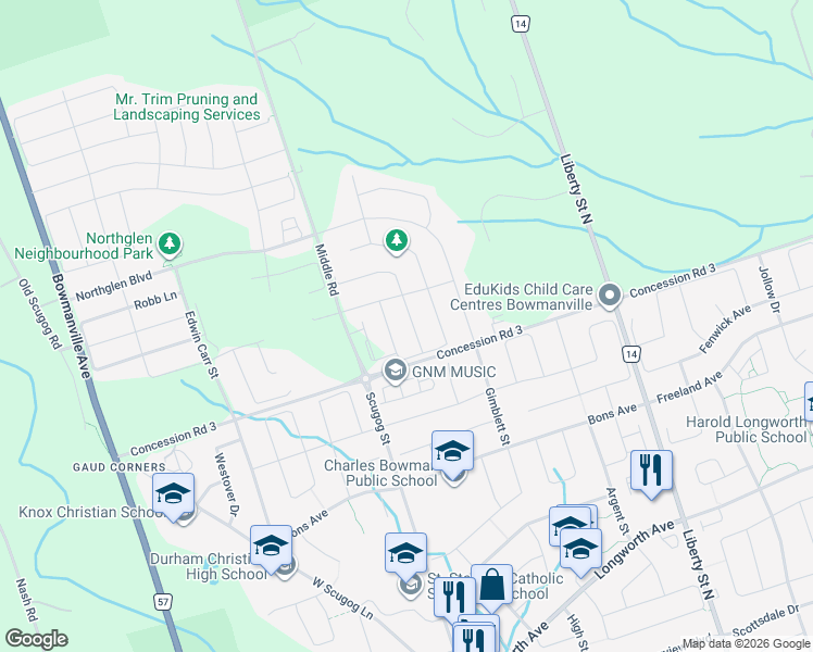 map of restaurants, bars, coffee shops, grocery stores, and more near 22 Thomas Bird Street in Bowmanville